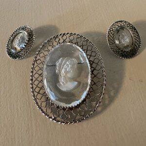 Vintage Whiting & Davis Silver-Tone Glass Cameo Brooch and Earrings Set